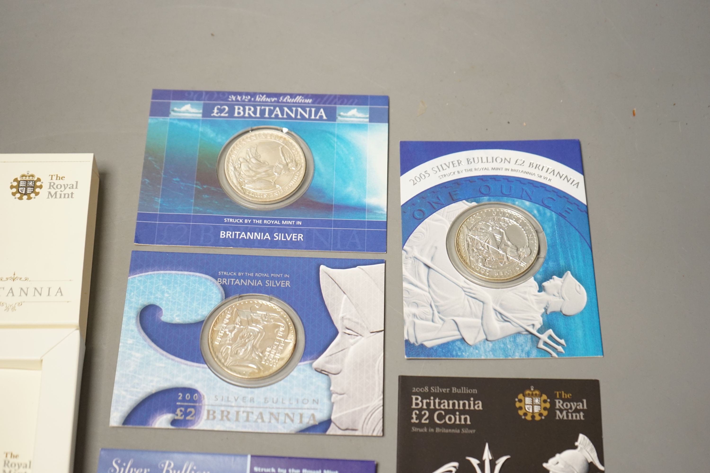 Six Royal Mint UK Britannia 1oz. silver proof £2 coins, in presentation packs